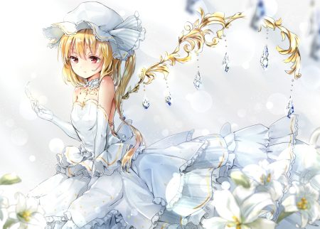 blonde hair choker cross dress feathers flandre scarlet flowers hat necklace ponytail red eyes shironeko yuuki short hair touhou vampire wings