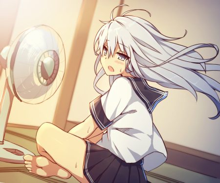 anthropomorphism barefoot blush fan gray eyes gray hair hibiki (kancolle) kantai collection long hair school uniform shinopoko skirt