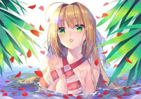 bikini blonde hair breasts cleavage fate/grand order fate (series) green eyes long hair nero claudius (fate) petals swimsuit tagme (artist) water wet