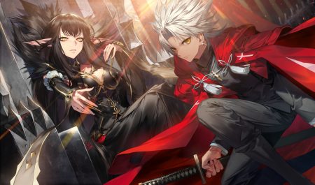 amakusa shirou black hair breasts cape cleavage cross dark skin fate/grand order fate (series) hood katana kodama (wa-ka-me) long hair male pointed ears semiramis short hair sword waifu2x weapon white hair yellow eyes