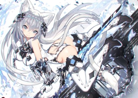 animal ears armor ass bodysuit boots breasts catgirl elbow gloves gloves gray eyes gray hair long hair mamuru original sword tail thighhighs weapon