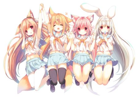 amamiya aki amamiya mei animal ears blonde hair bunny ears bunnygirl cynthia riddle foxgirl group headband kneehighs long hair milia leclerc navel orange hair original p19 pink eyes pink hair popsicle red eyes school uniform skirt tail thighhighs white white hair zettai ryouiki