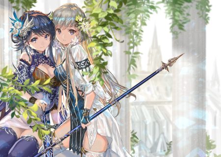 2girls blonde hair blue eyes blue hair dress flowers jpeg artifacts long hair original ran'ou (tamago no kimi) rose short hair sword thighhighs weapon