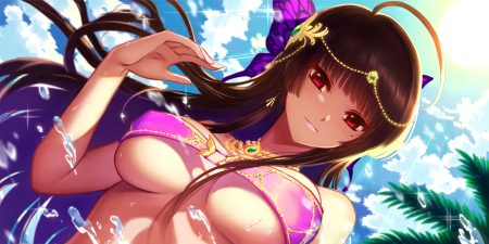 aliasing breasts brown hair close clouds headdress long hair necklace original red eyes silence sky water