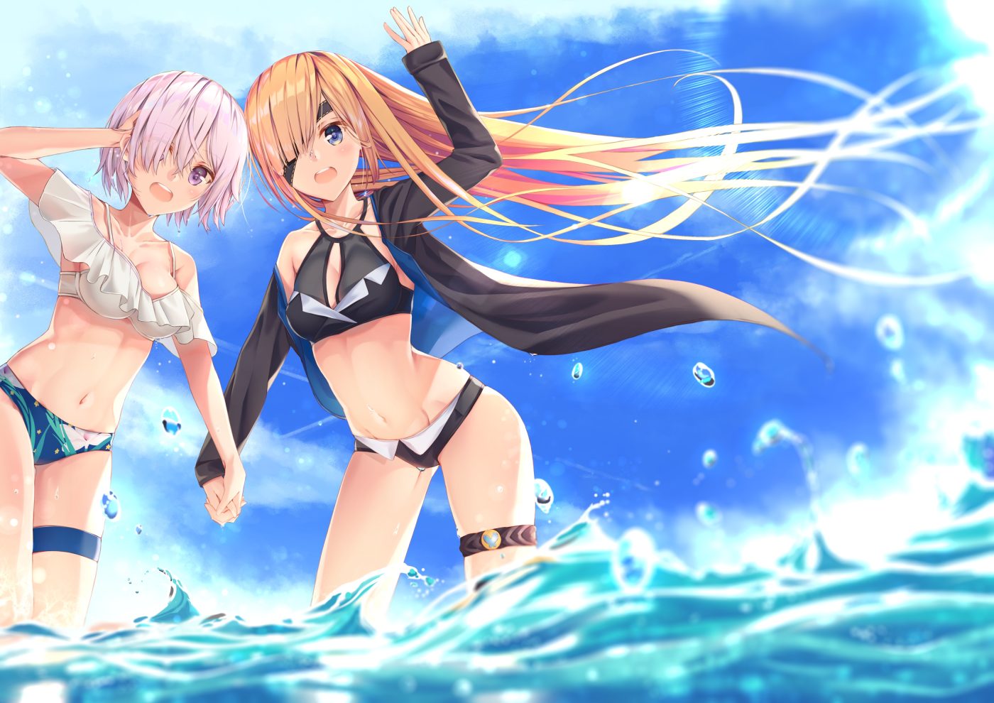 2girls bikini blonde hair blue eyes blush breasts cleavage clouds eyepatch fate/grand order fate (series) garter long hair mash kyrielight navel ophelia phamrsolone pink hair purple eyes short hair sky swimsuit water yoro kurenai