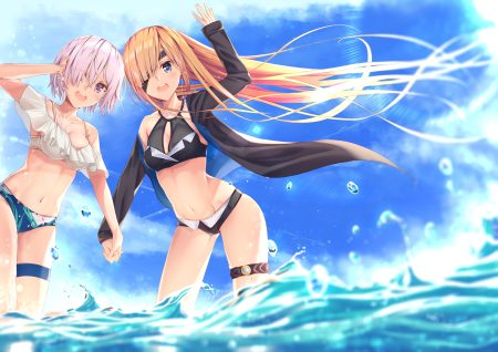 2girls bikini blonde hair blue eyes blush breasts cleavage clouds eyepatch fate/grand order fate (series) garter long hair mash kyrielight navel ophelia phamrsolone pink hair purple eyes short hair sky swimsuit water yoro kurenai