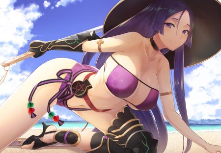 bikini breasts clouds elbow gloves fate/grand order fate (series) gloves hat long hair minamoto no yorimitsu (fate) purple eyes purple hair sky swimsuit sword urigarasu weapon