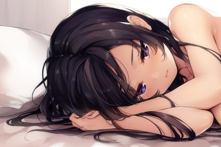 bed black hair blue eyes blush close long hair original senji (tegone spike) waifu2x