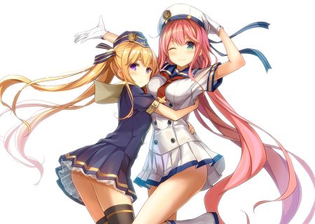 2girls blonde hair boots gloves green eyes hat hug long hair original pink hair purple eyes ribbons school uniform skirt thighhighs twintails white wink yu-yuuki