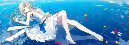 aqua eyes ashima (roro046) barefoot bow braids clouds dress gray hair long hair original petals reflection sky water