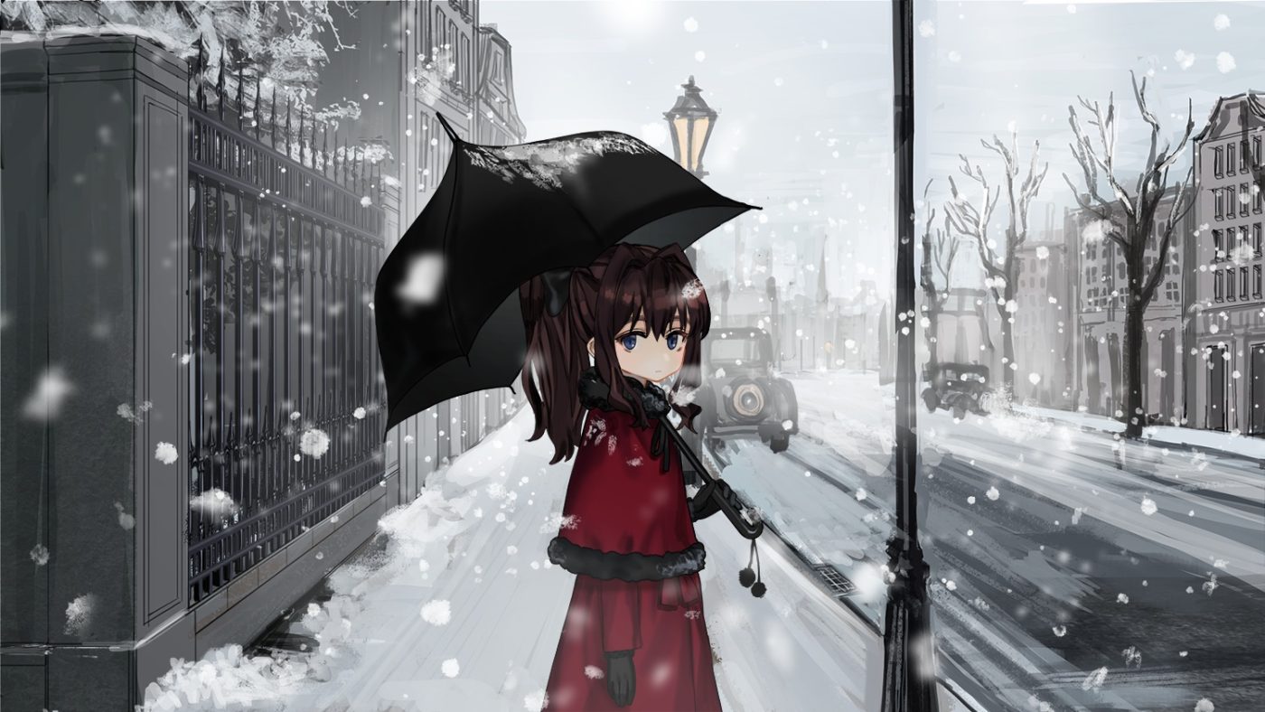 blue eyes brown hair building cape city gloves long hair original ponytail ruisento snow tree umbrella