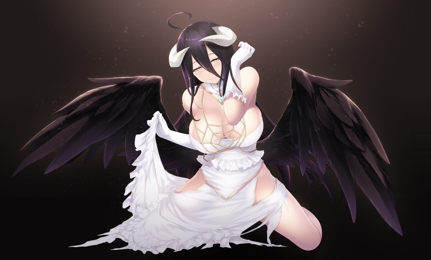 albedo black hair blush breasts cait cleavage demon dress gradient horns long hair overlord succubus wings yellow eyes