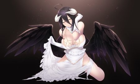 albedo black hair blush breasts cait cleavage demon dress gradient horns long hair overlord succubus wings yellow eyes