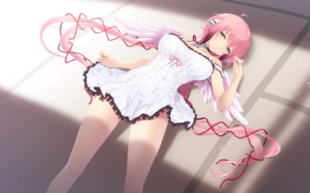 cait collar dress green eyes ikaros pink hair sora no otoshimono summer dress twintails wings