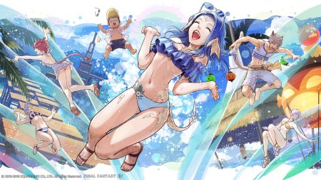 animal ears au ra bikini blonde hair blue eyes blue hair catboy catgirl final fantasy final fantasy xiv gray hair lalafell long hair male miqo'te navel open shirt pink hair pointed ears short hair shorts square enix summer swimsuit tail water watermark