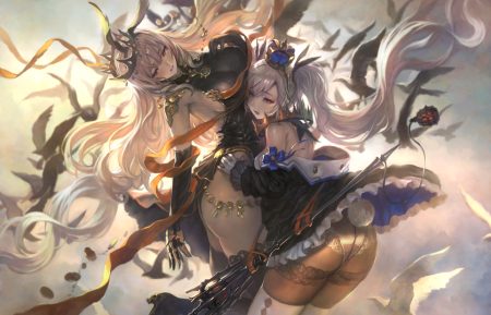 2girls ass brown eyes crown elbow gloves gloves gray eyes hug long hair original pantyhose spear weapon yoshiku (oden-usagi)