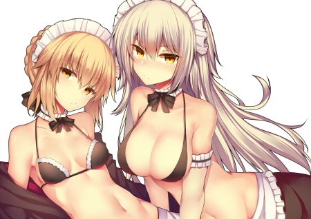 2girls artoria pendragon (all) bikini blonde hair braids breasts cleavage fate/grand order fate (series) headdress jeanne d'arc alter jeanne d'arc (fate) navel open shirt saber saber alter stealthbird swimsuit yellow eyes
