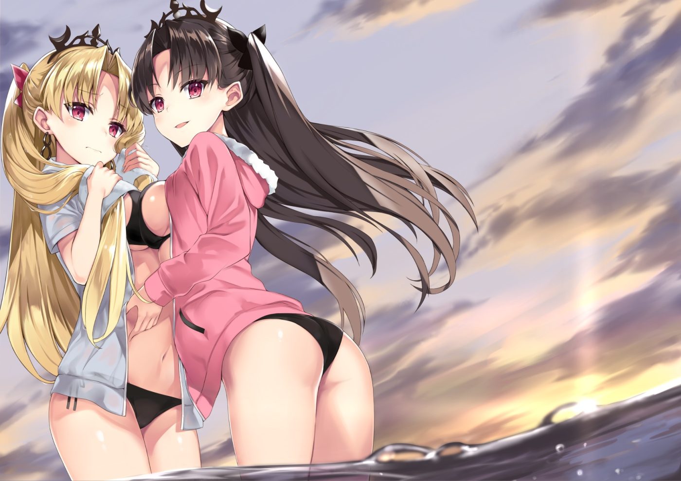 2girls ass bikini black hair blonde hair clouds ereshkigal (fate/grand order) fate/grand order fate (series) hood ishtar (fate/grand order) long hair navel open shirt red eyes sakimiya mafu see through sky sunset swimsuit tiara water