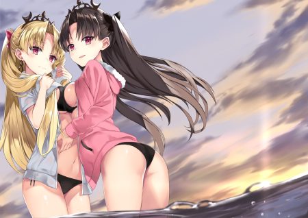 2girls ass bikini black hair blonde hair clouds ereshkigal (fate/grand order) fate/grand order fate (series) hood ishtar (fate/grand order) long hair navel open shirt red eyes sakimiya mafu see through sky sunset swimsuit tiara water