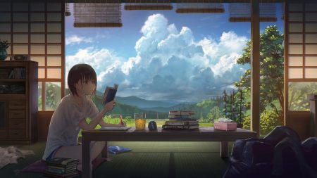 book brown hair clouds dark drink original scenic shade short hair shorts sky sugi87 yellow eyes
