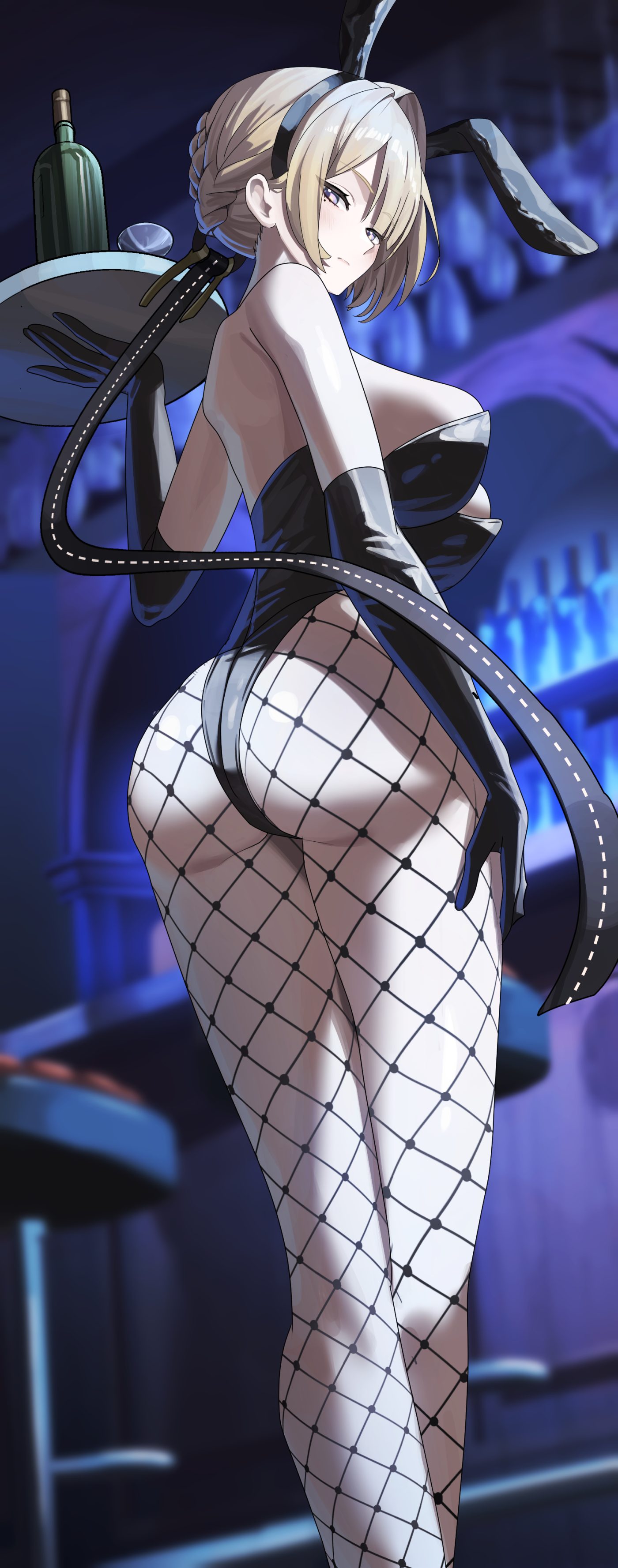 ku!? (ku k u) zenless zone zero evelyn chevalier animal ears ass bunny ears bunny girl fishnets no bra pantyhose waitress