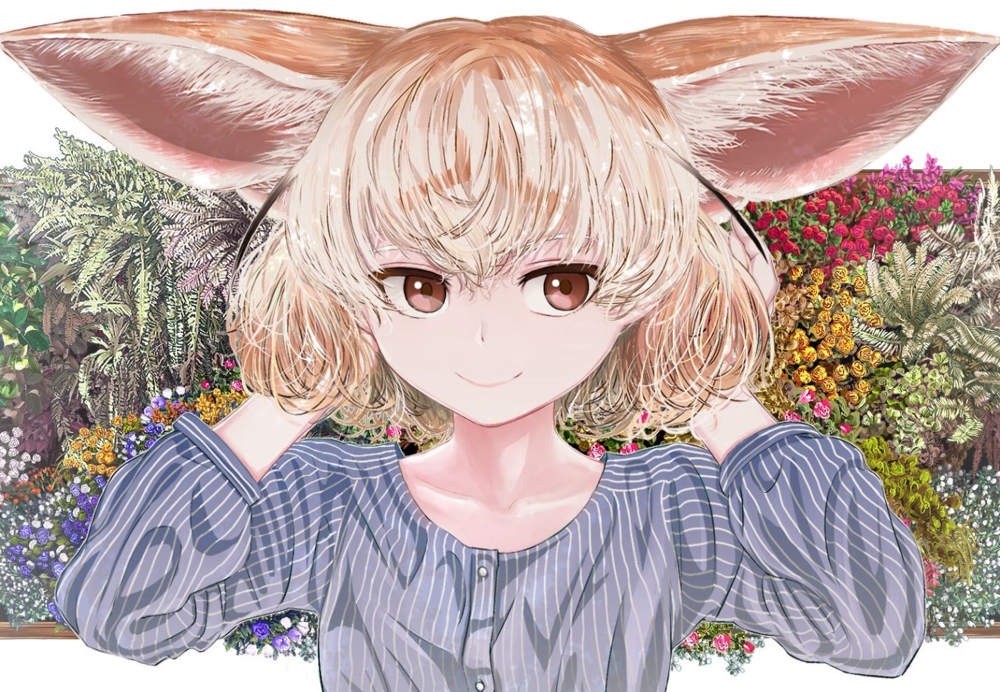 akegata tobari animal ears anthropomorphism blonde hair close fennec (kemono friends) flowers kemono friends leaves red eyes shirt short hair