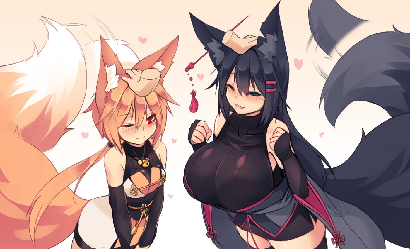 2girls animal ears aqua eyes black hair blush breasts cat smile fang foxgirl japanese clothes kiri (sub-res) long hair orange hair original ponytail red eyes sub-res suzu (sub-res) tail thighhighs wink zettai ryouiki