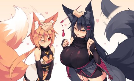 2girls animal ears aqua eyes black hair blush breasts cat smile fang foxgirl japanese clothes kiri (sub-res) long hair orange hair original ponytail red eyes sub-res suzu (sub-res) tail thighhighs wink zettai ryouiki