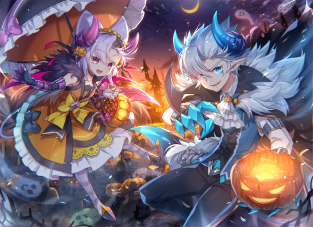 aqua eyes capura lin grand chase halloween loli male pink eyes pumpkin purple hair tagme (character) white hair