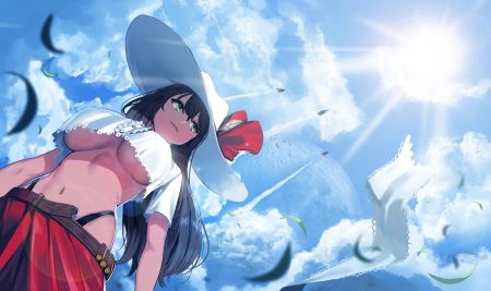 black hair breasts clouds green eyes hat ihobus long hair no bra original skirt sky summer underboob
