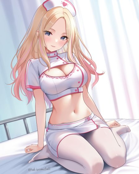 akiei gakuen idolm@ster the idolm@ster juuou sena nurse pantyhose skirt lift
