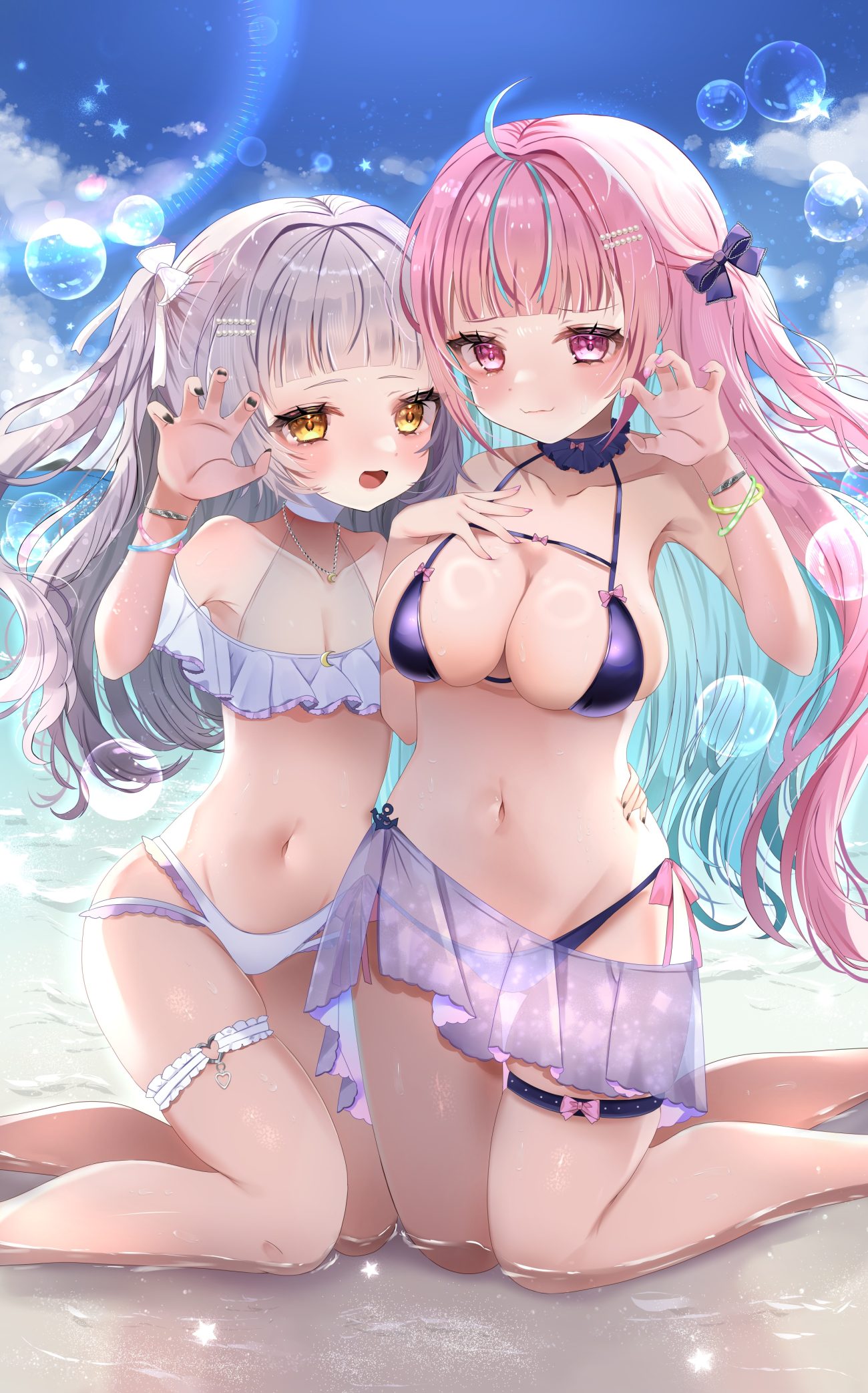 mainai (pochiwan1108) hololive minato aqua murasaki shion bikini garter loli see through swimsuits wet