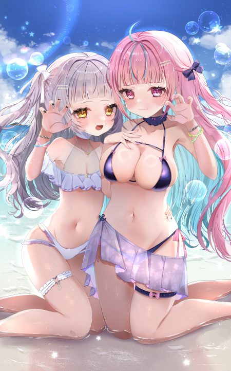 mainai (pochiwan1108) hololive minato aqua murasaki shion bikini garter loli see through swimsuits wet