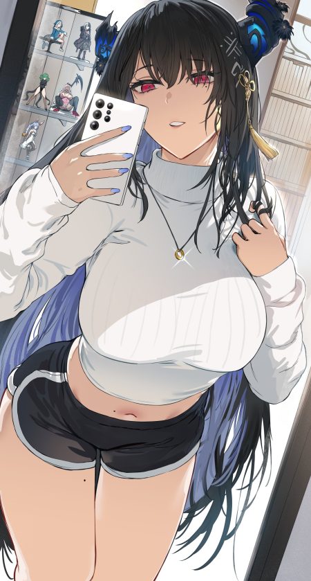 hews hololive hololive english one punch man gawr gura mori calliope nerissa ravencroft shiori novella tatsumaki (one punch man) usada pekora crossover horns selfie sweater