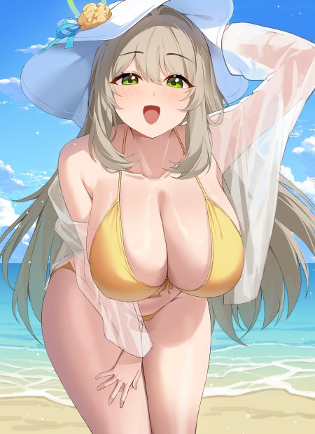 nacho (nacho 1103) blue archive izayoi nonomi bikini halo open shirt see through swimsuits