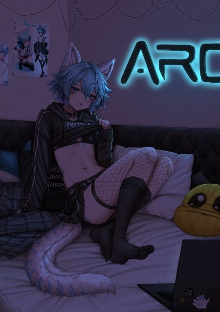 lobsteranian animal ears bra feet fishnets male nekomimi shirt lift tail tattoo thighhighs trap undressing