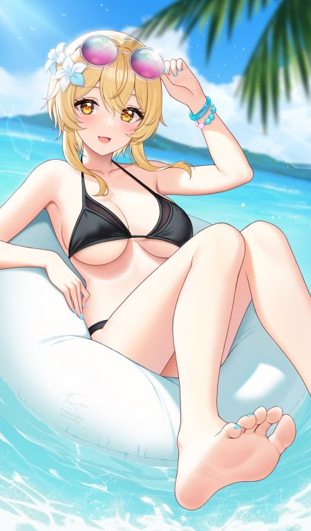 fukuro ko (greentea) genshin impact lumine bikini erect nipples feet megane swimsuits