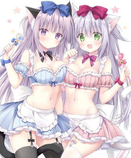 korie riko alice or alice siscon nii-san to futago no imouto airi (alice or alice) rise (alice or alice) animal ears bra maid nekomimi skirt lift stockings symmetrical docking tail thighhighs weapon