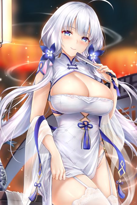 rei kun azur lane illustrious (azur lane) chinadress no bra skirt lift stockings thighhighs