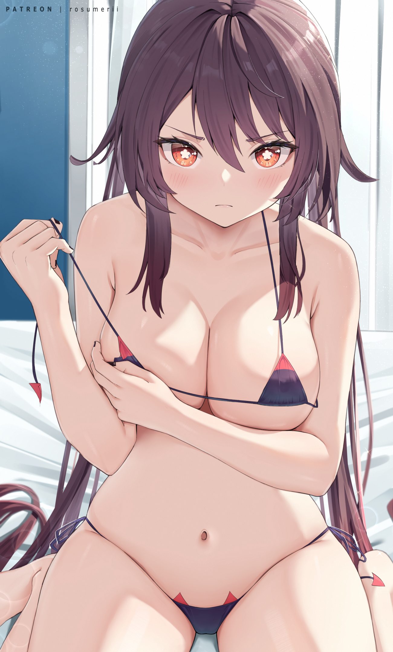 rosumerii genshin impact hu tao bikini breast hold swimsuits undressing