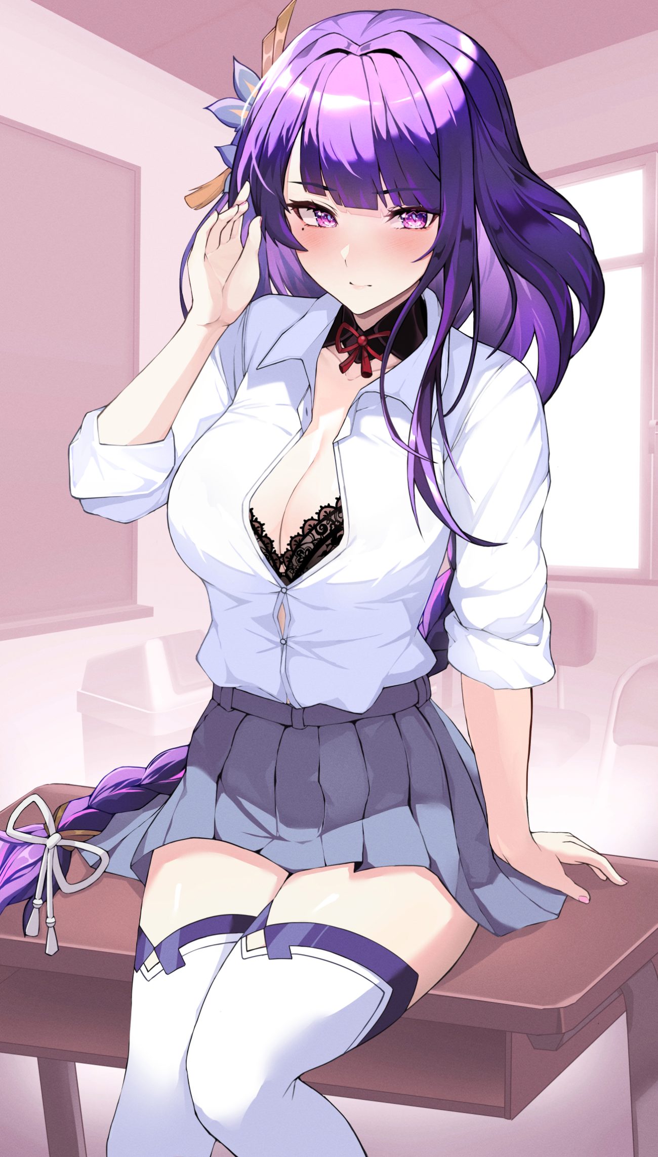 lessthanone genshin impact raiden shogun bra cleavage open shirt seifuku thighhighs