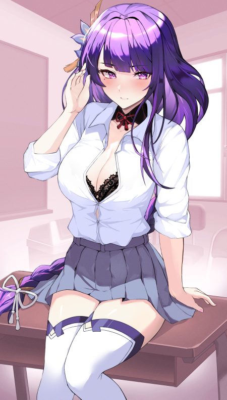 lessthanone genshin impact raiden shogun bra cleavage open shirt seifuku thighhighs
