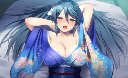 anthropomorphism ayagi daifuku blush breasts cleavage green eyes green hair isuzu (kancolle) japanese clothes kantai collection kimono long hair twintails