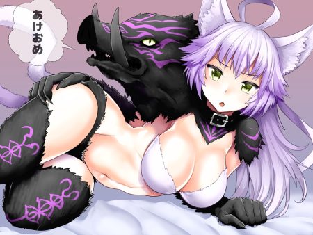 animal animal ears atalanta alter atalanta (fate) breasts catgirl cleavage collar elbow gloves fate/grand order fate (series) gloves green eyes long hair mono (moiky) multiple tails navel purple hair tail thighhighs