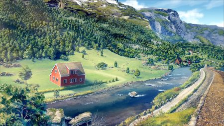 building clouds grass green landscape no humans original realistic scenic sky train tree water yuu knmy