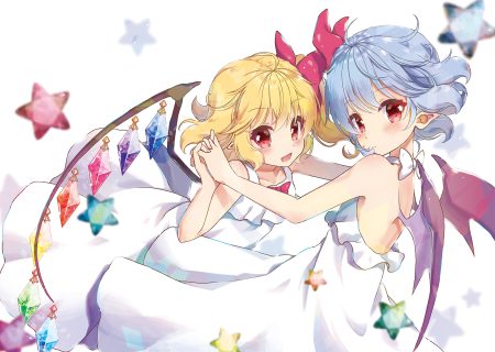 2girls beni kurage blonde hair blue hair dress fang flandre scarlet loli pointed ears red eyes remilia scarlet short hair touhou vampire white wings