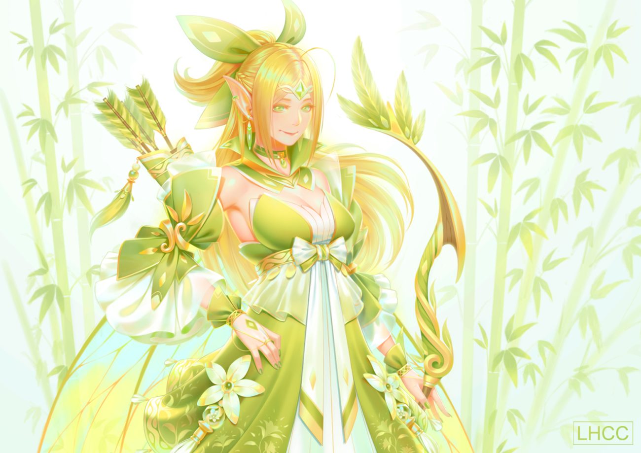 blonde hair bow (weapon) braids breasts cleavage green green eyes long hair louishung original pointed ears ponytail weapon