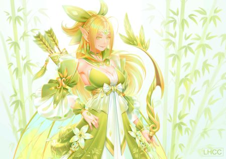 blonde hair bow (weapon) braids breasts cleavage green green eyes long hair louishung original pointed ears ponytail weapon