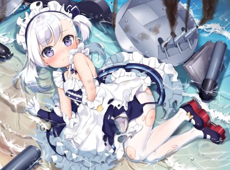 anthropomorphism azur lane belchan (azur lane) belfast (azur lane) blush gray hair headdress loli long hair mamemena pantyhose purple eyes torn clothes water