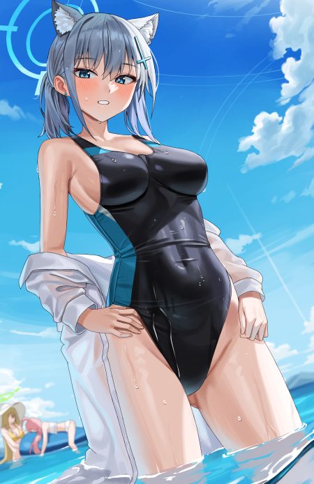 shocho blue archive sunaookami shiroko animal ears halo nekomimi see through swimsuits wet wet clothes